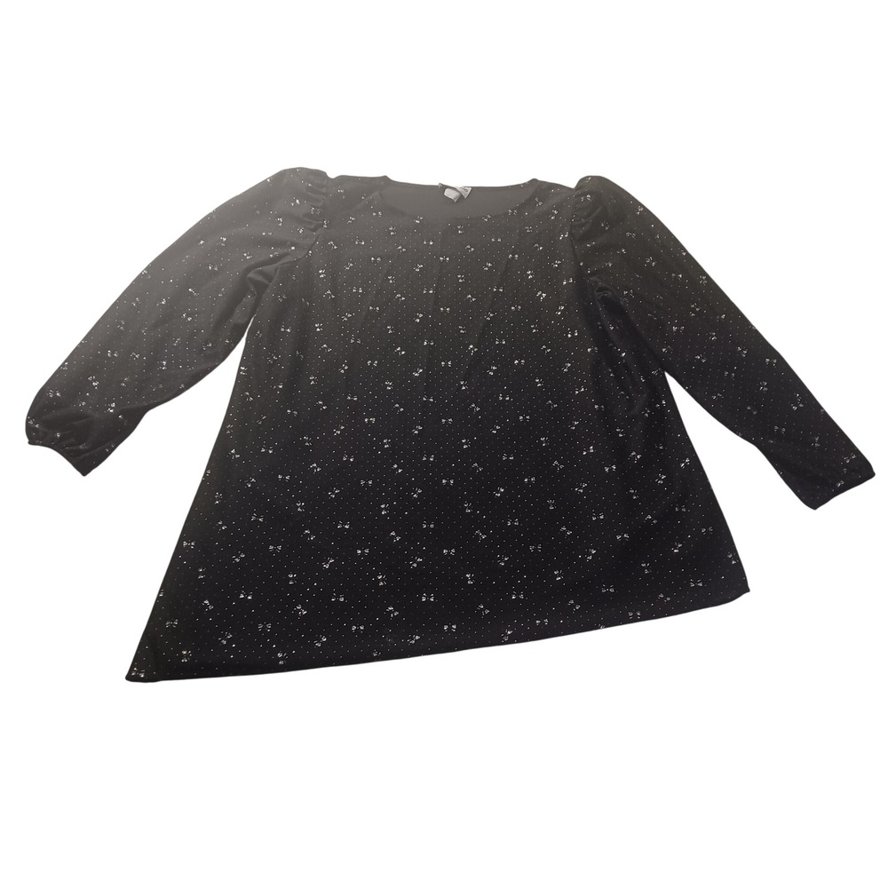 Riccardo Silver Glitter Bow Print Womens Size 16 Black Puff Sleeve Blouse‎ Top